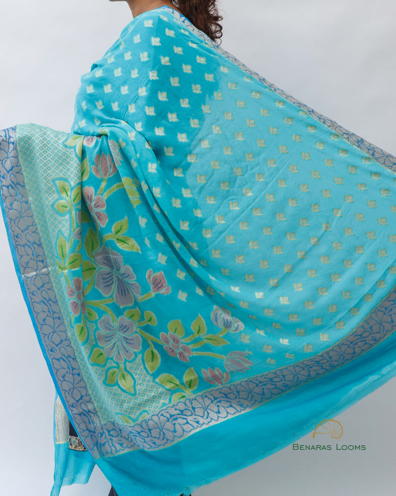 Blue Handwoven Pure Khaddi Georgette Banarasi Dupatta