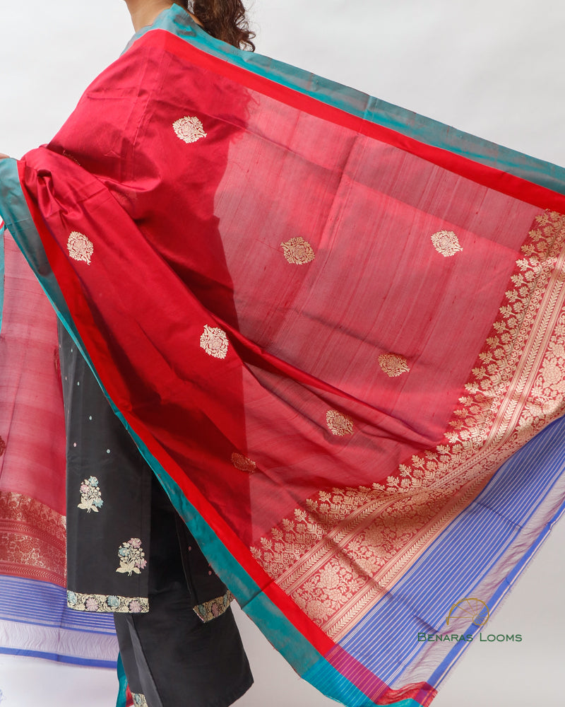 Red Pure Kataan Silk Kadhua Buti Dupatta with Satin Border