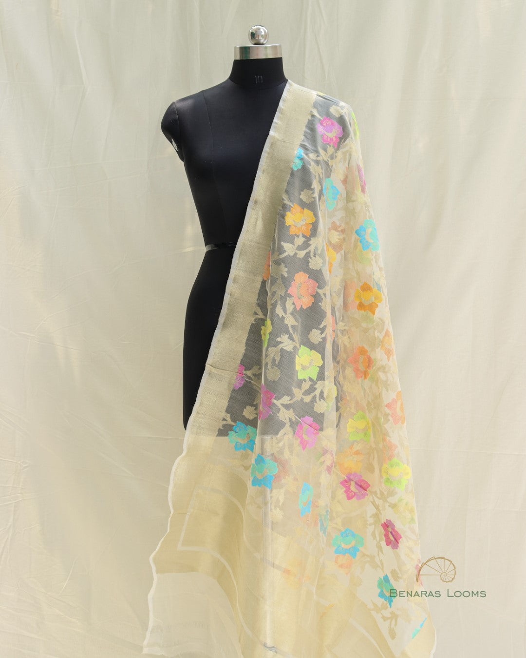 Cream Organza Net Banarasi Handwoven Dupatta