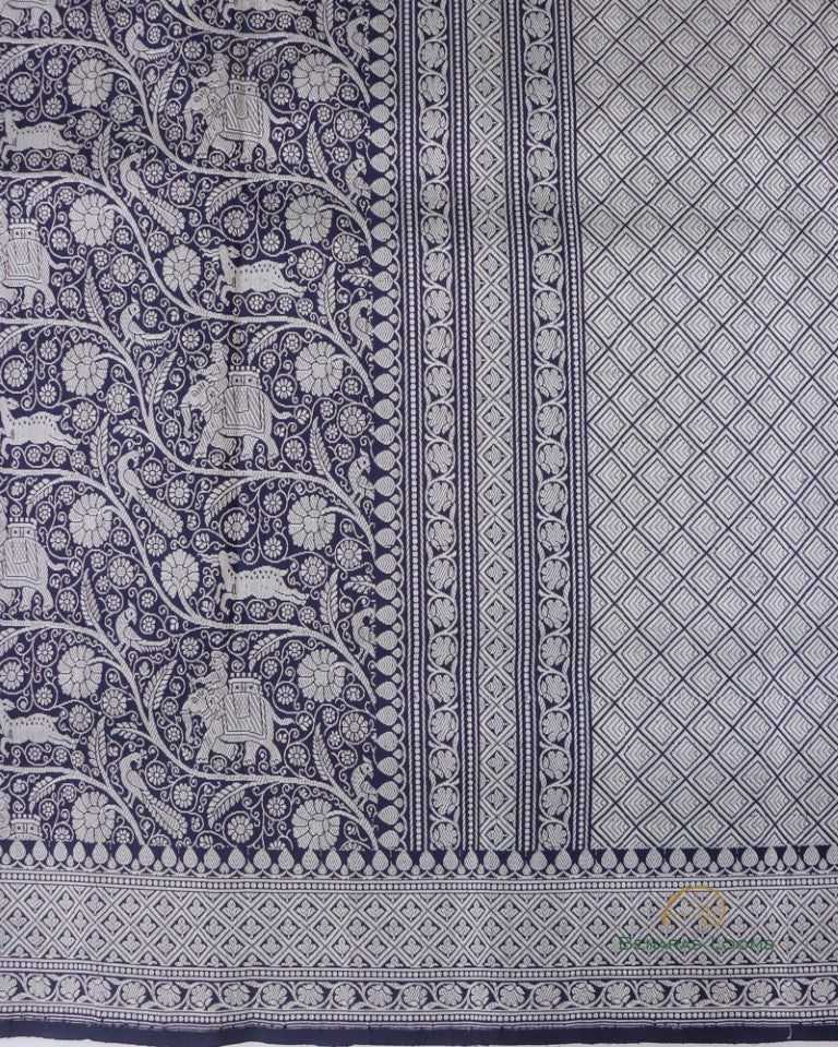 Navy Blue Handwoven Pure Silk Shikargah Banarasi Saree