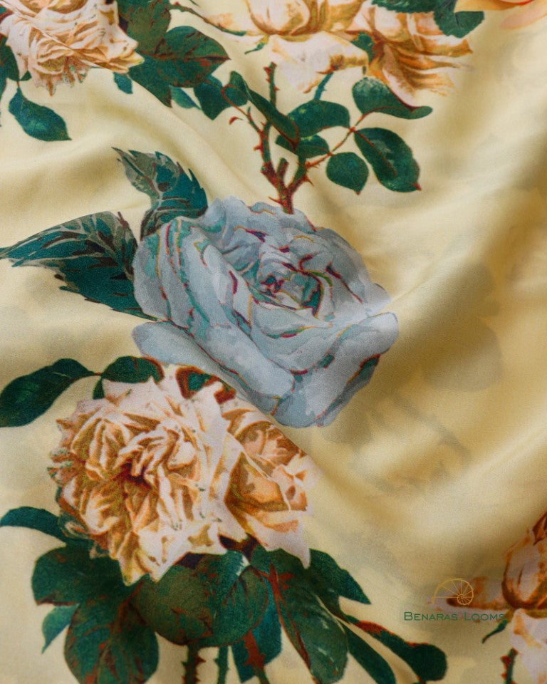 Digital Print Lemon Yellow Pure Silk Banarasi Saree