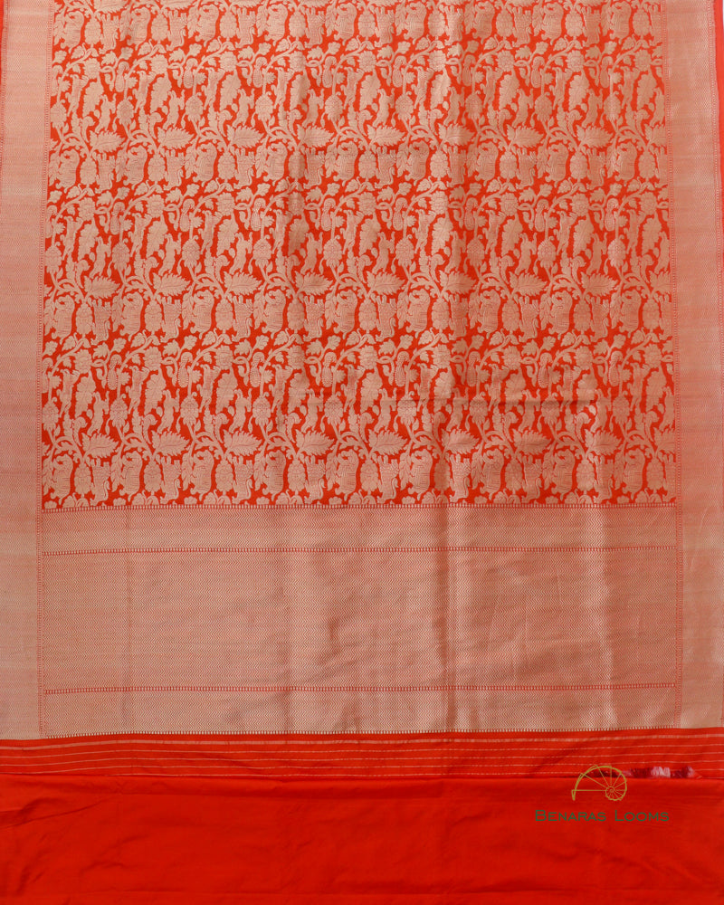 Orange Handwoven Pure Kataan Silk Brocade Shikargah Jaal Benarasi Saree