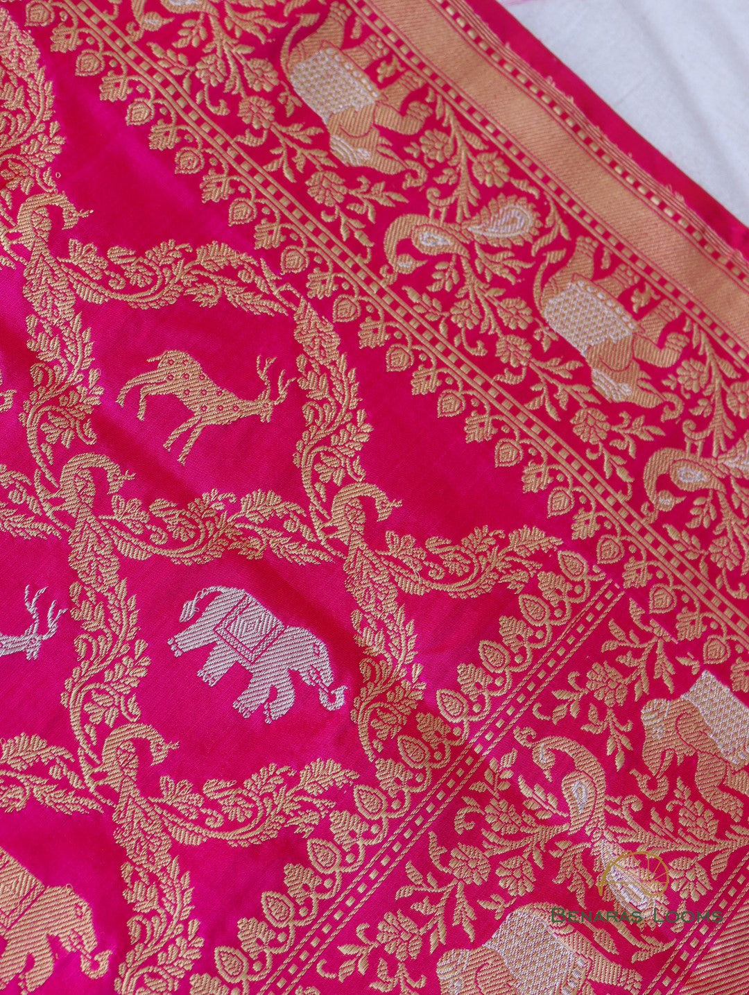 Pink Handwoven Pure Silk Shikargah Banarasi Saree