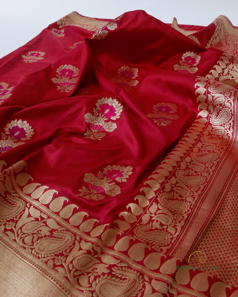 Maroon Handwoven Pure Kataan Silk Kadhua Floral Buti Banarasi Saree