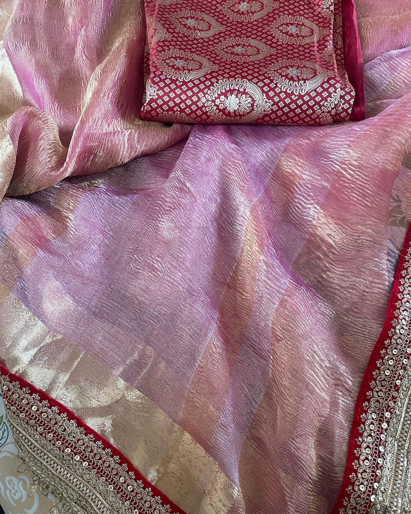 Pink Pure Crush Tissue Silk Banarasi Saree with Embellished Border