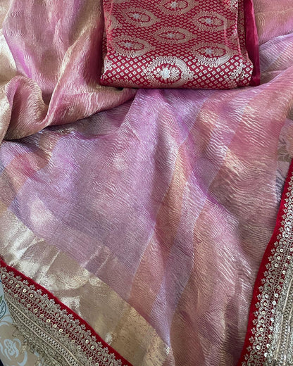 Pink Pure Crush Tissue Silk Banarasi Saree with Embellished Border