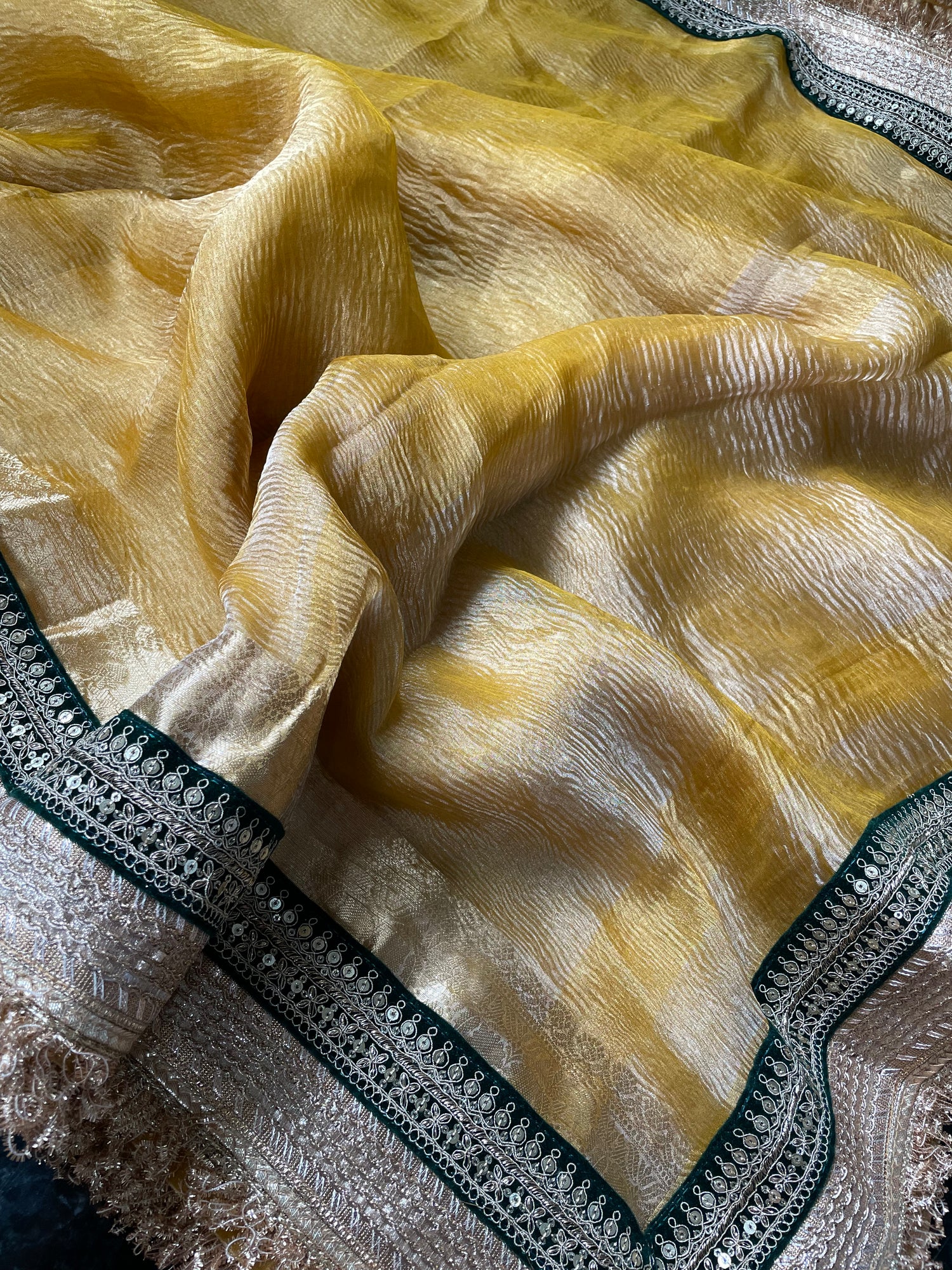 Yellow Gold Pure Crush Tissue Silk Banarasi Saree with Embellished Border