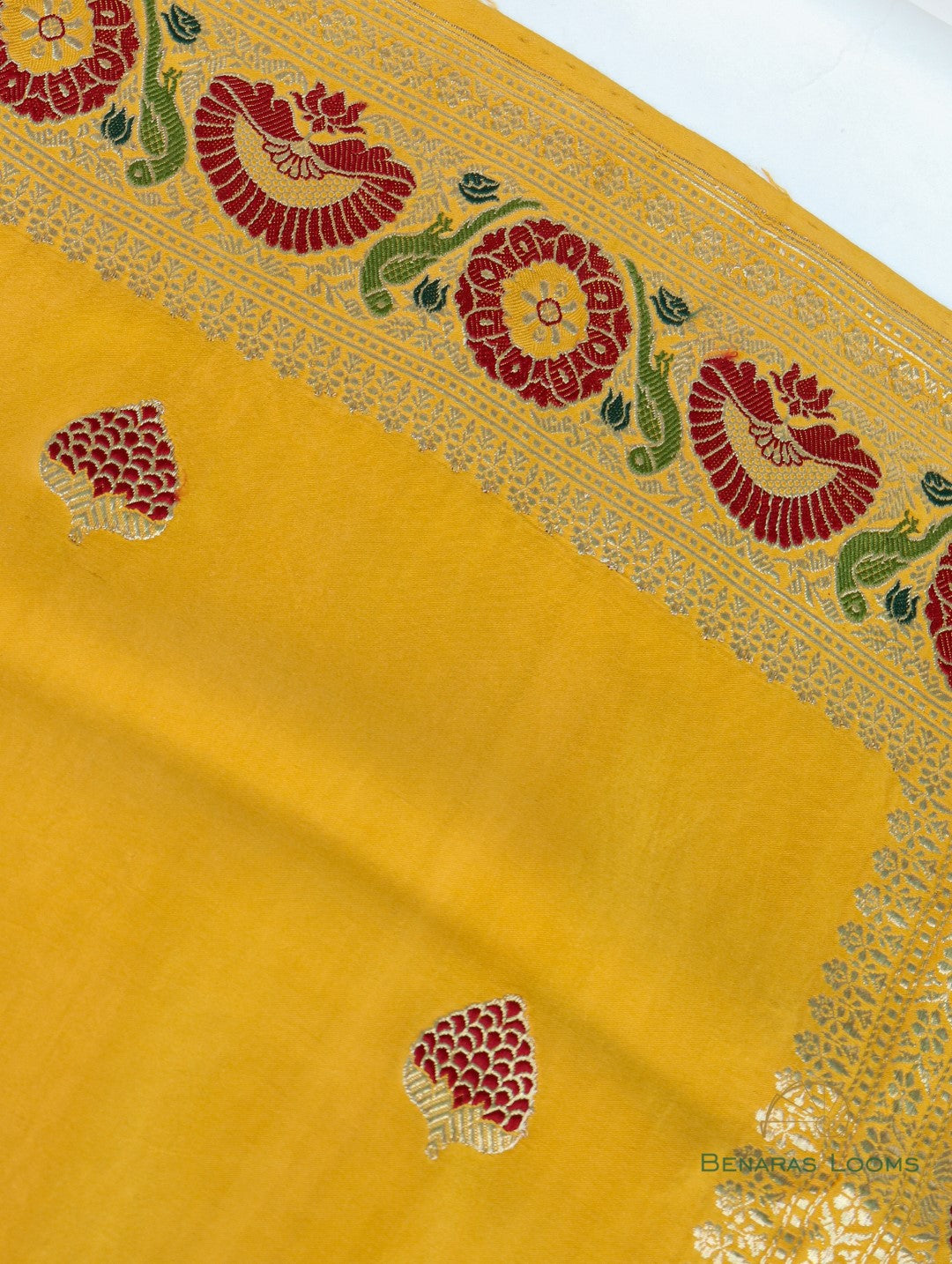Golden Mustard Handloom Satin Silk Shikargah Banarasi Saree