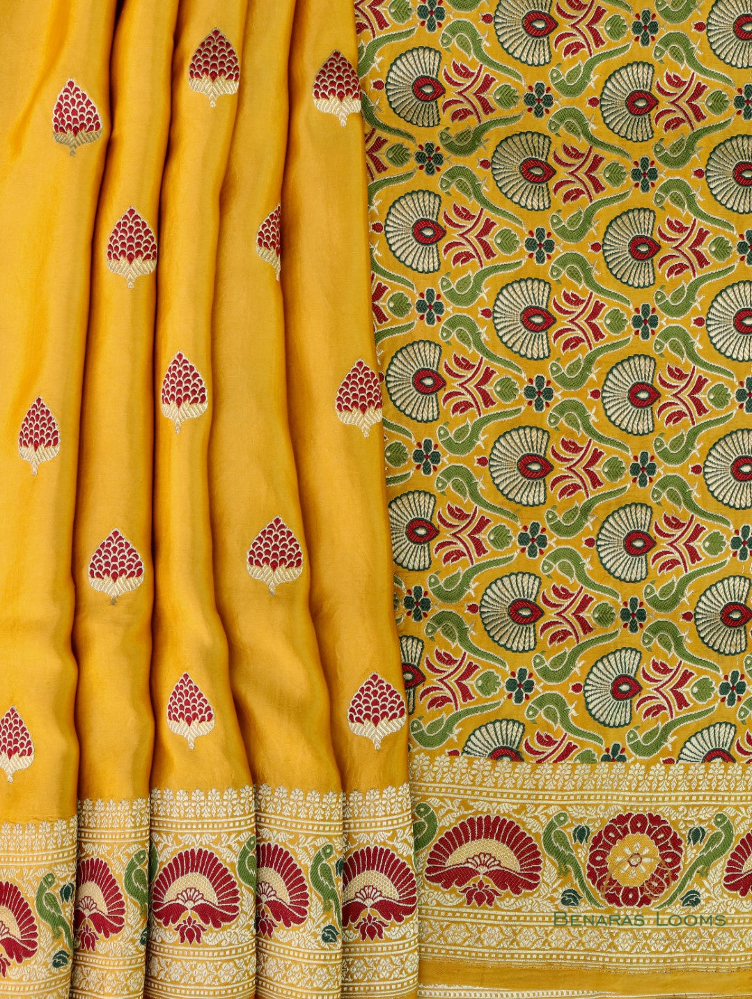 Golden Mustard Handloom Satin Silk Shikargah Banarasi Saree