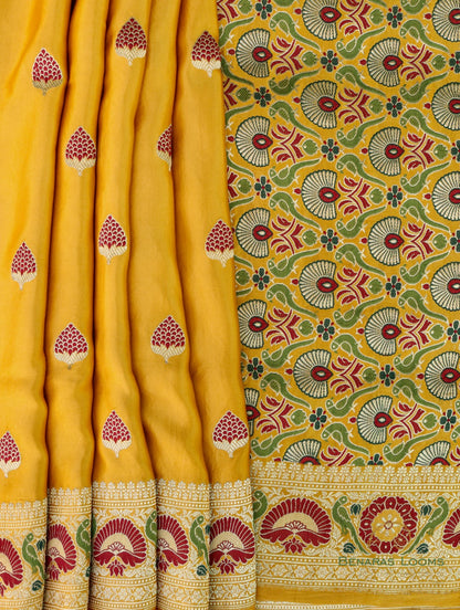 Golden Mustard Handloom Satin Silk Shikargah Banarasi Saree