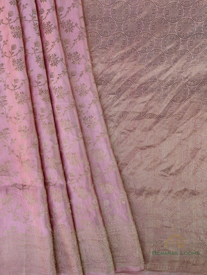 Pink Handwoven Floral Jaal Pure Satin Silk Banarasi Saree
