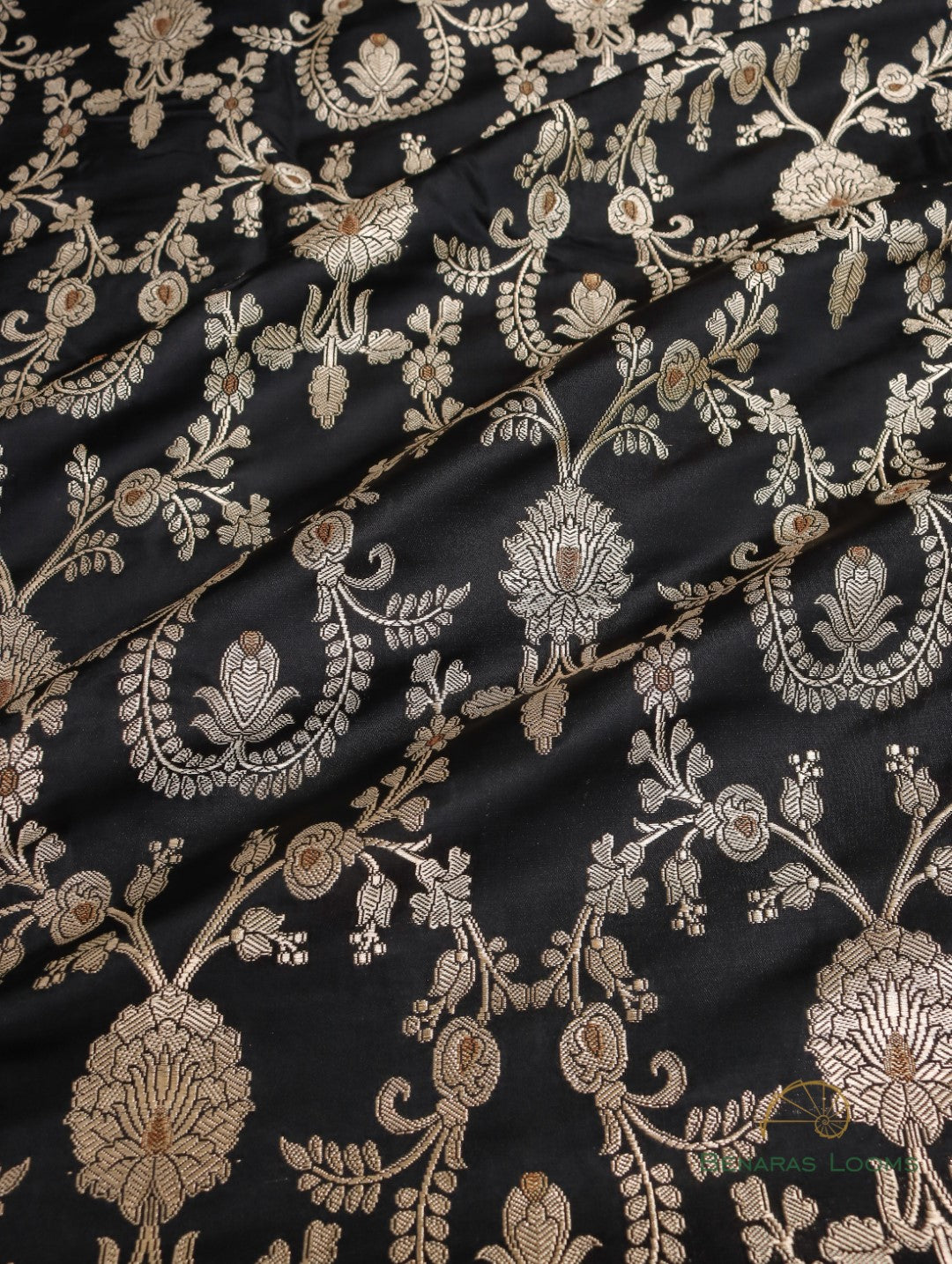 Black Handwoven Brocade Jaal  Pure Silk Fabric