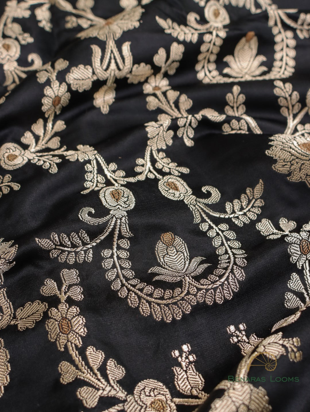 Black Handwoven Brocade Jaal  Pure Silk Fabric