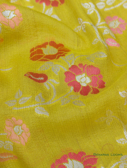 Yellow Handwoven Pure Tussar Georgette Banarasi Saree