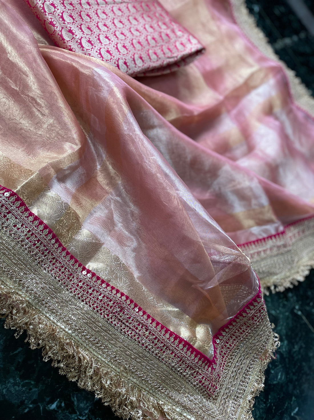 Pink Pure Tissue Silk Banarasi Saree with Embellished Border