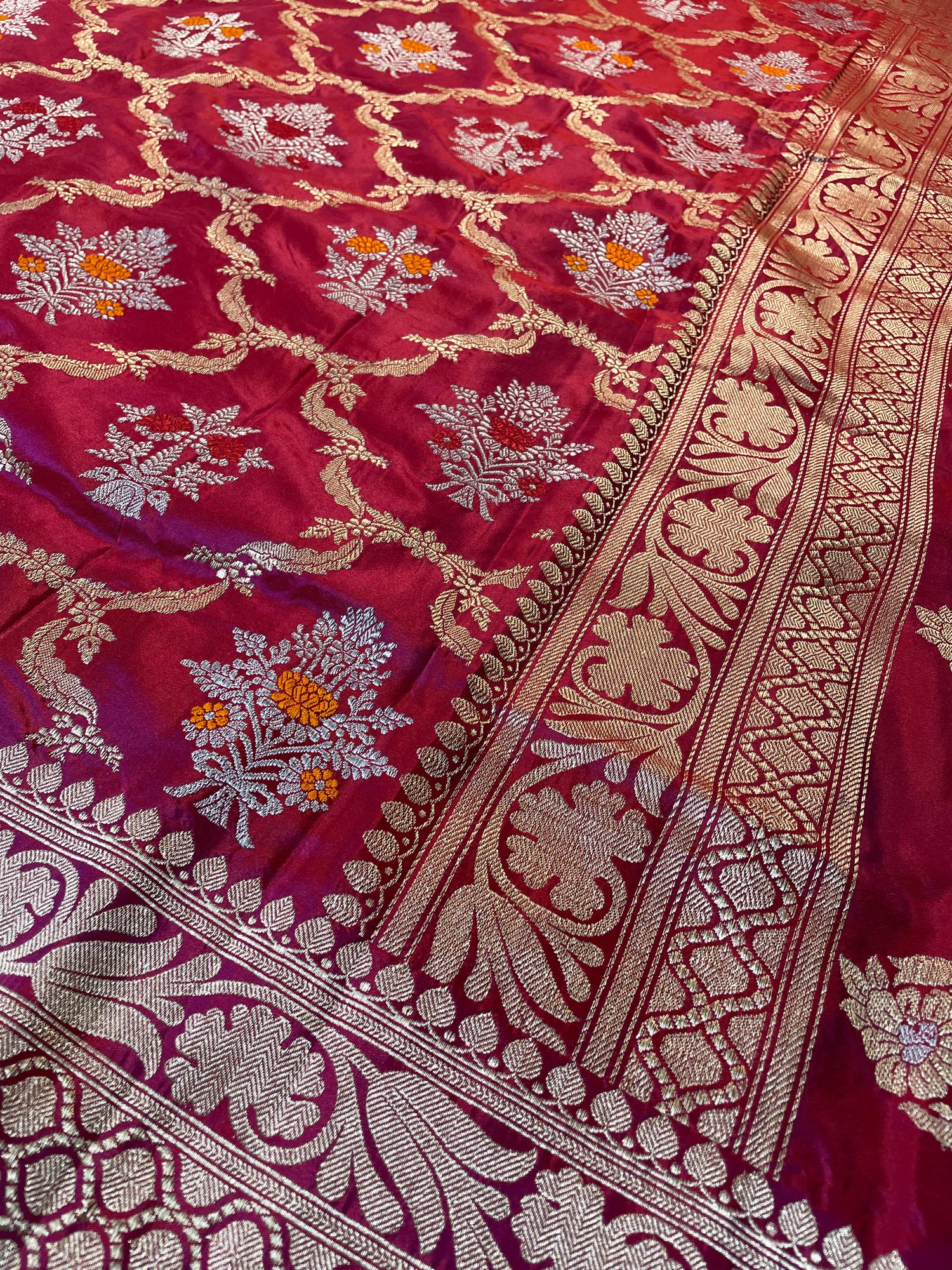Burgundy Handloom Pure Silk Kadhua Jangla Banarasi Saree