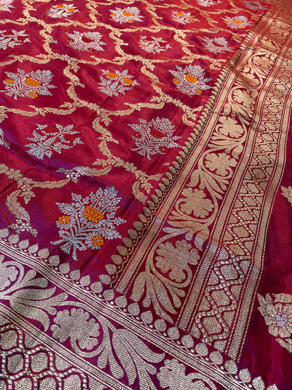 Burgundy Handloom Pure Silk Kadhua Jangla Banarasi Saree