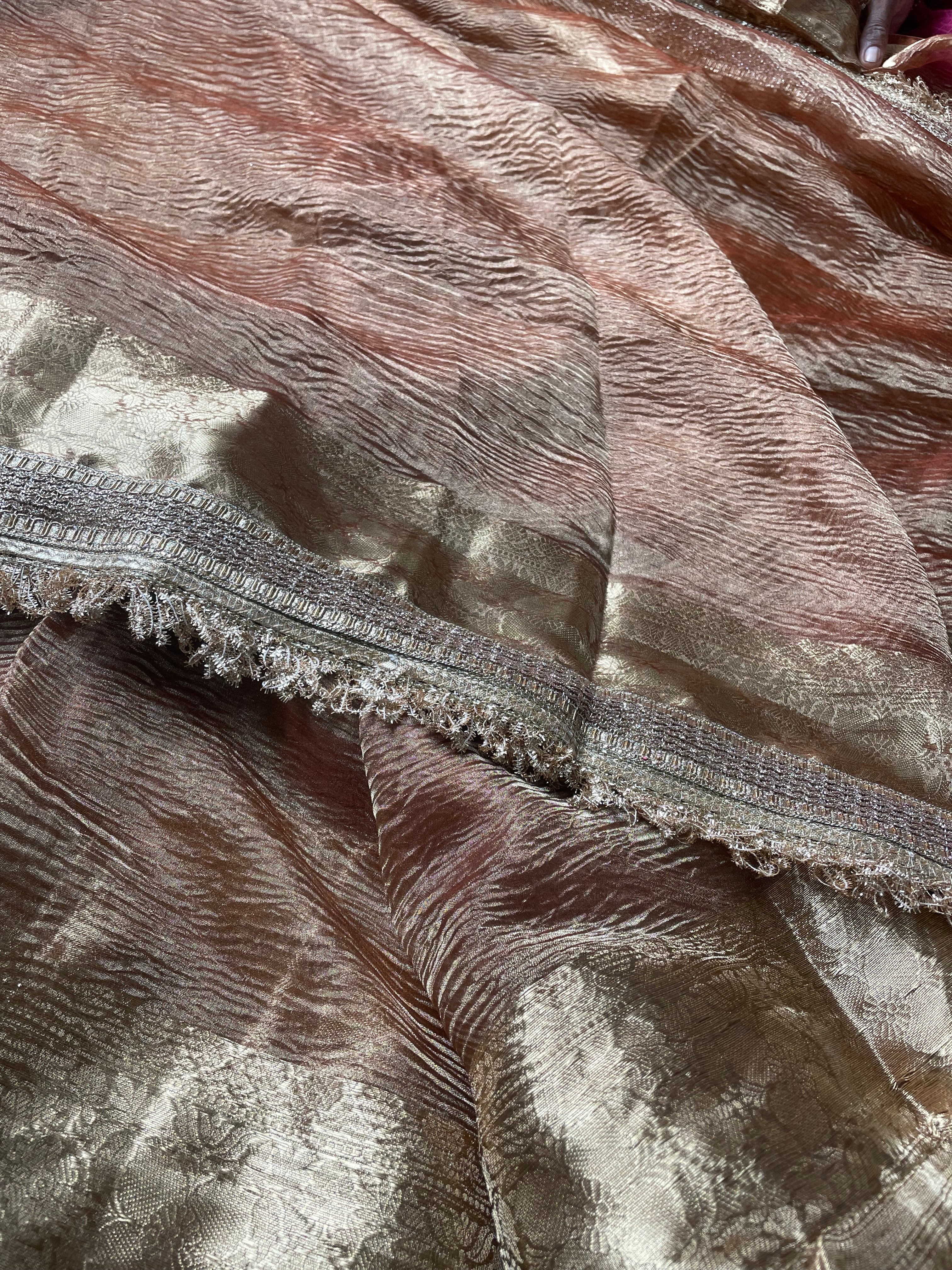 Copper Gold Pure Crush Tissue Silk Banarasi Saree with Embellished Border