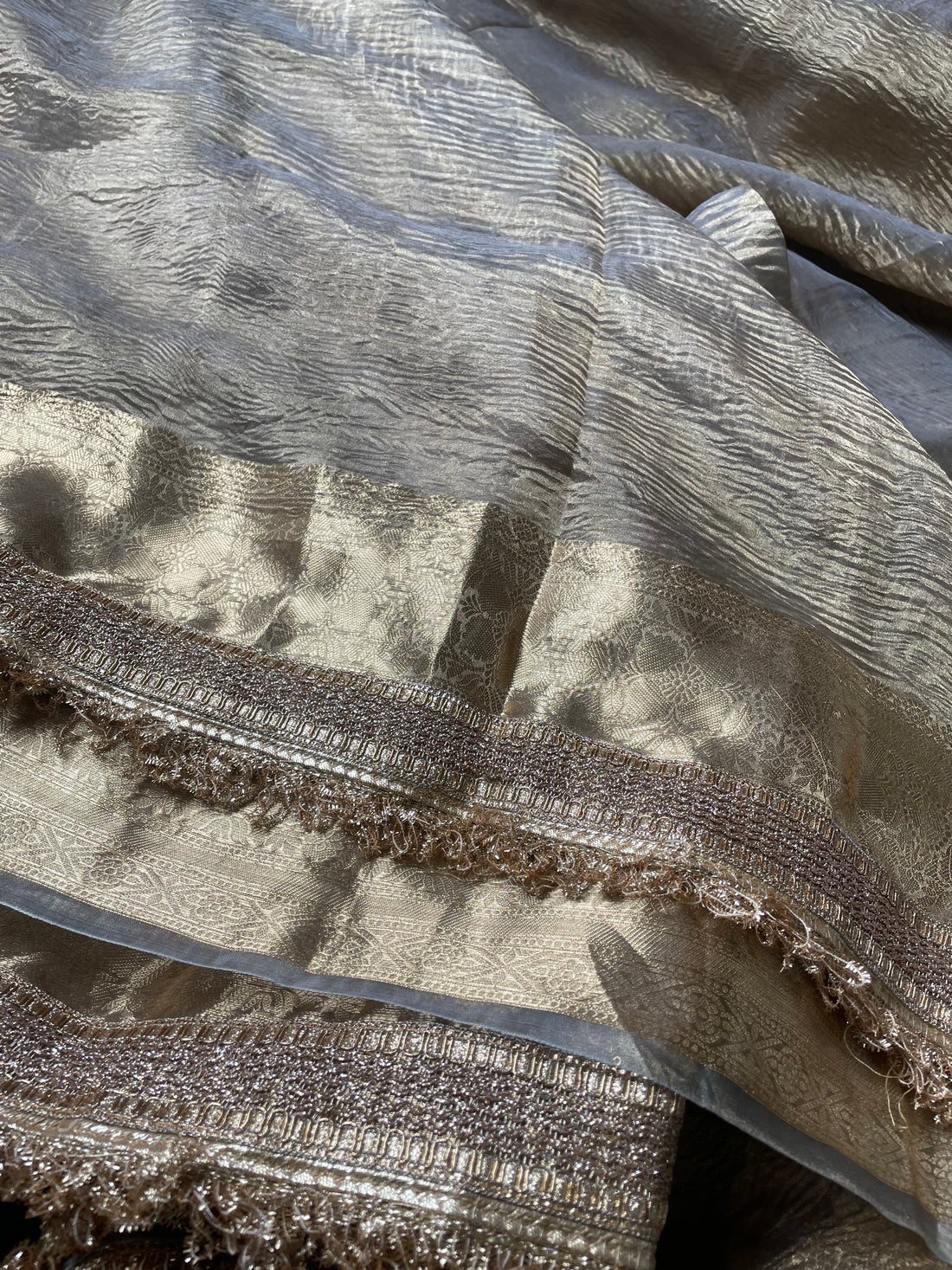 Grey Gold Pure Crush Tissue Silk Banarasi Saree with Embellished Border