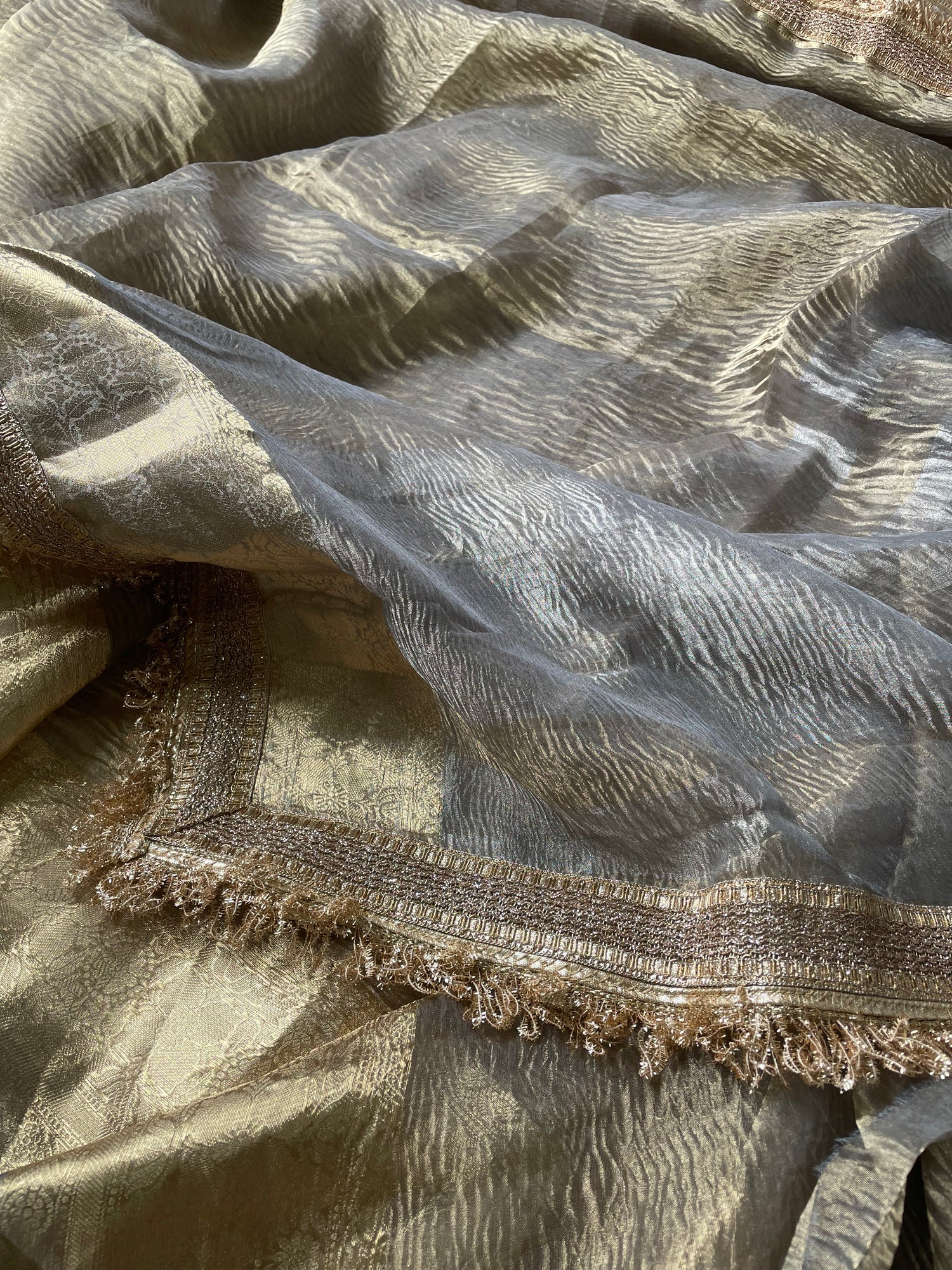 Grey Gold Pure Crush Tissue Silk Banarasi Saree with Embellished Border
