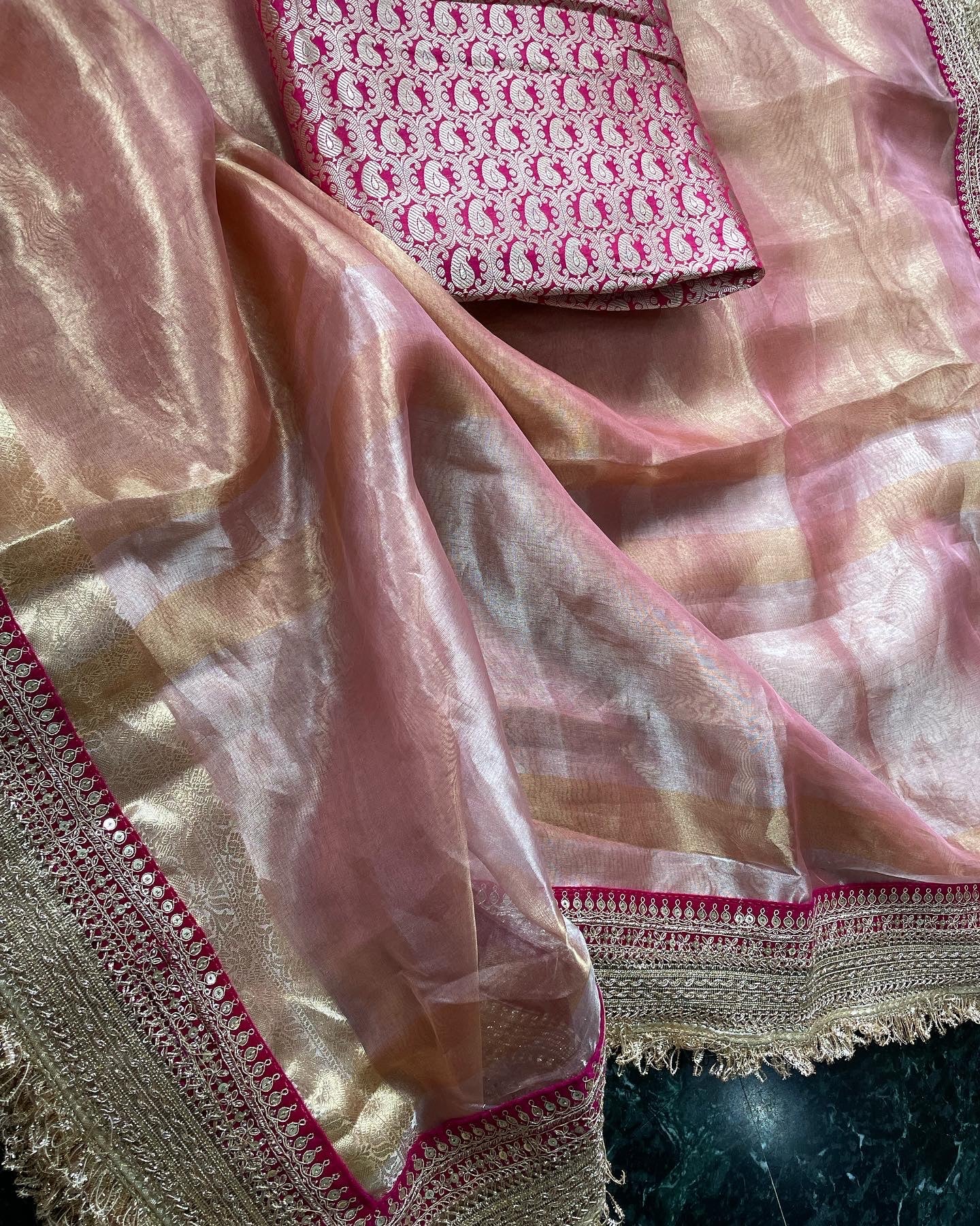 Pink Pure Tissue Silk Banarasi Saree with Embellished Border