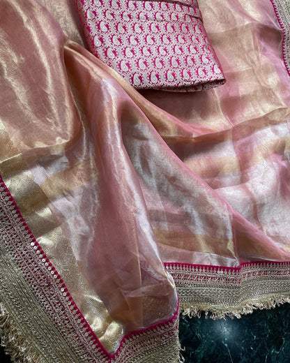 Pink Pure Tissue Silk Banarasi Saree with Embellished Border