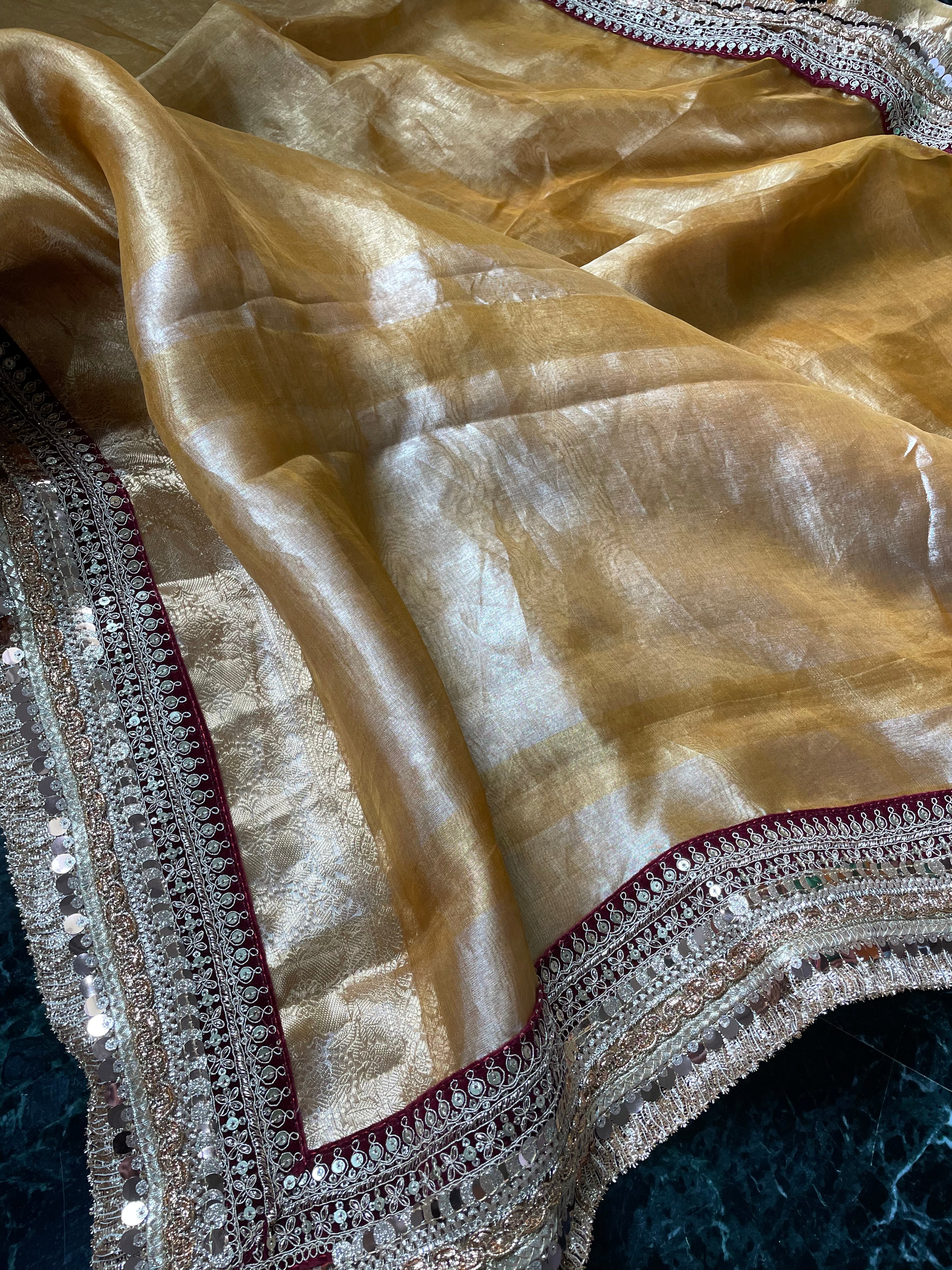 Yellow Gold Pure Tissue Silk Banarasi Saree with Embellished Border