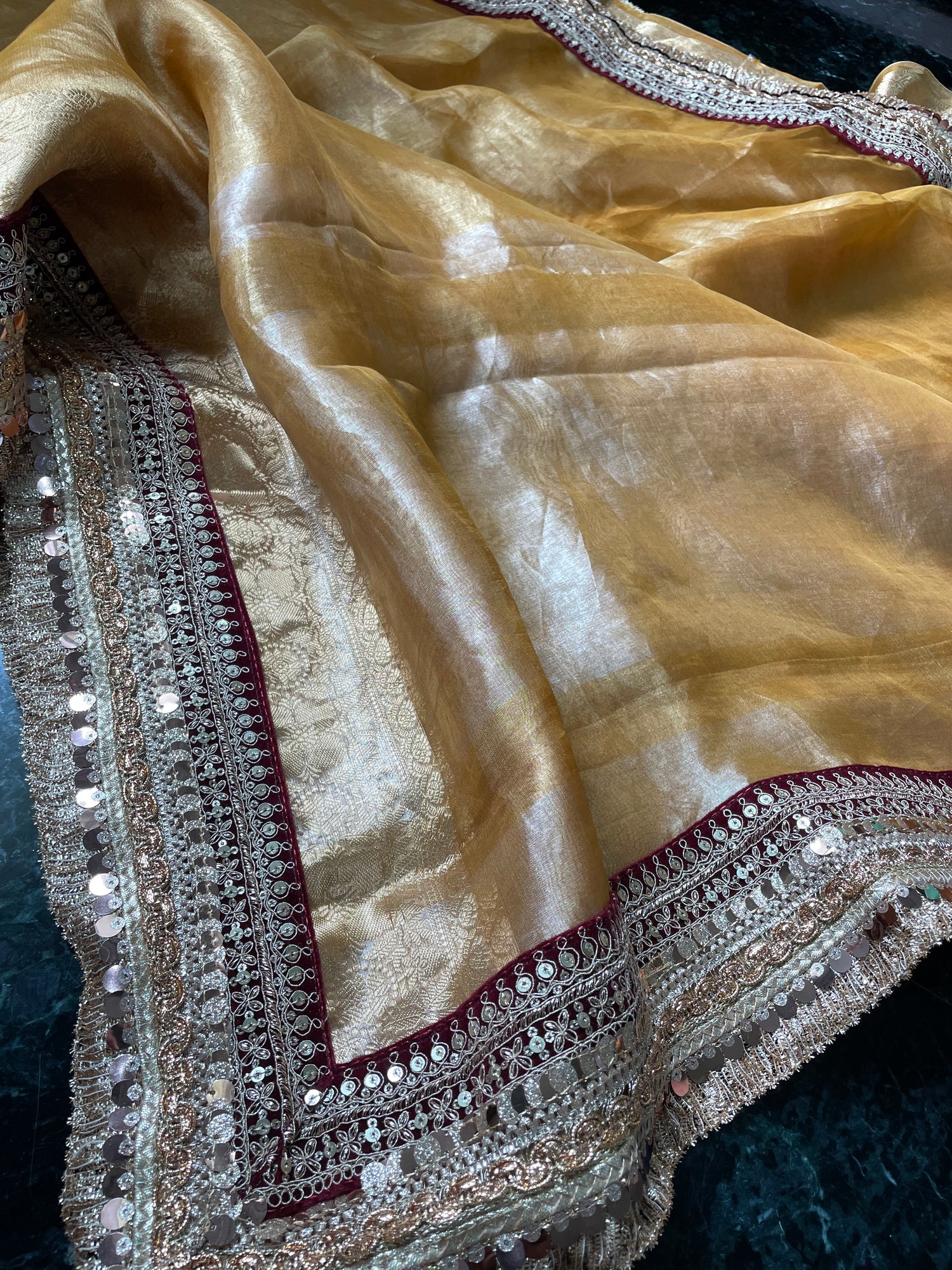 Yellow Gold Pure Tissue Silk Banarasi Saree with Embellished Border