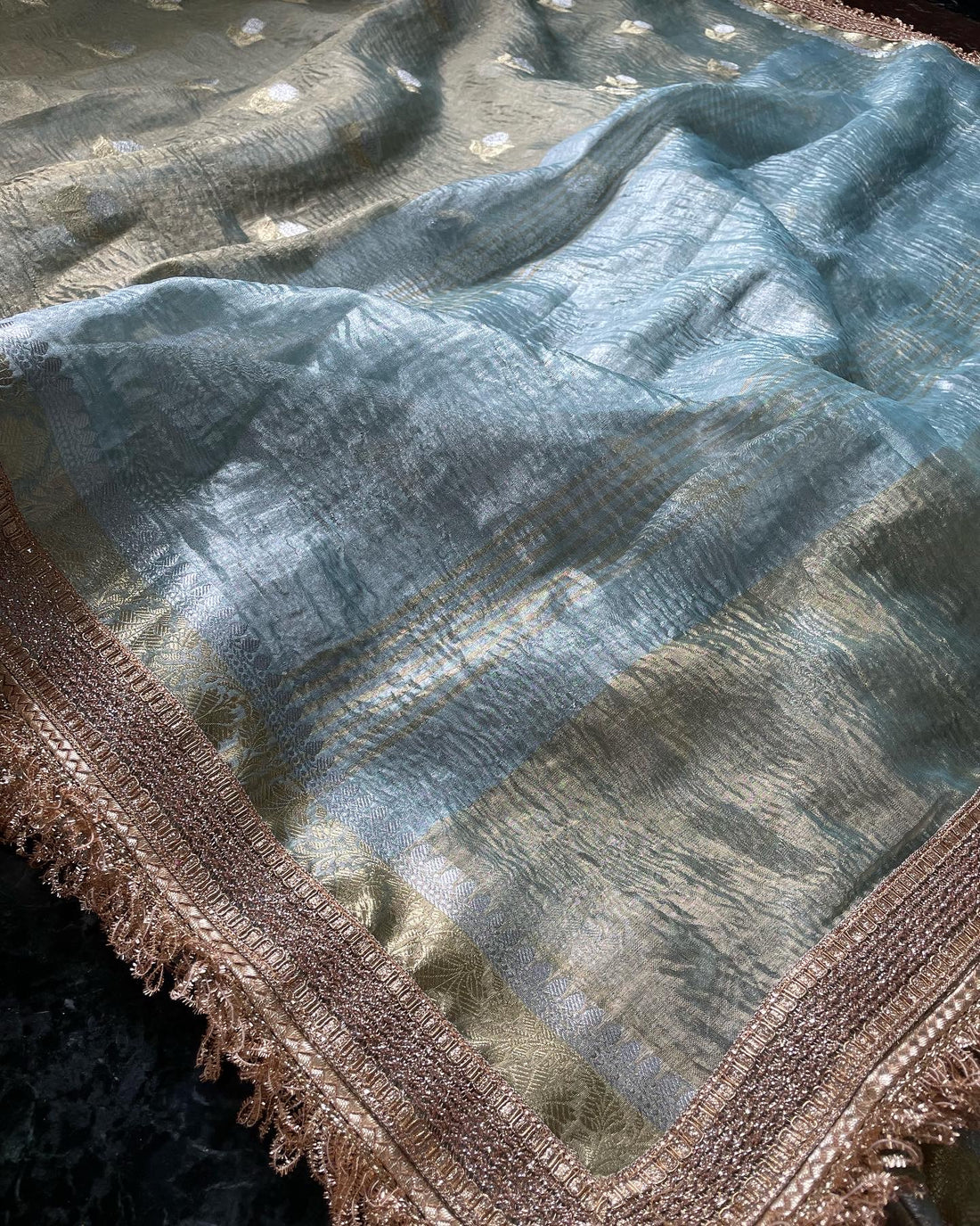 Pista Green Tissue Silk Saree with Embellished Border