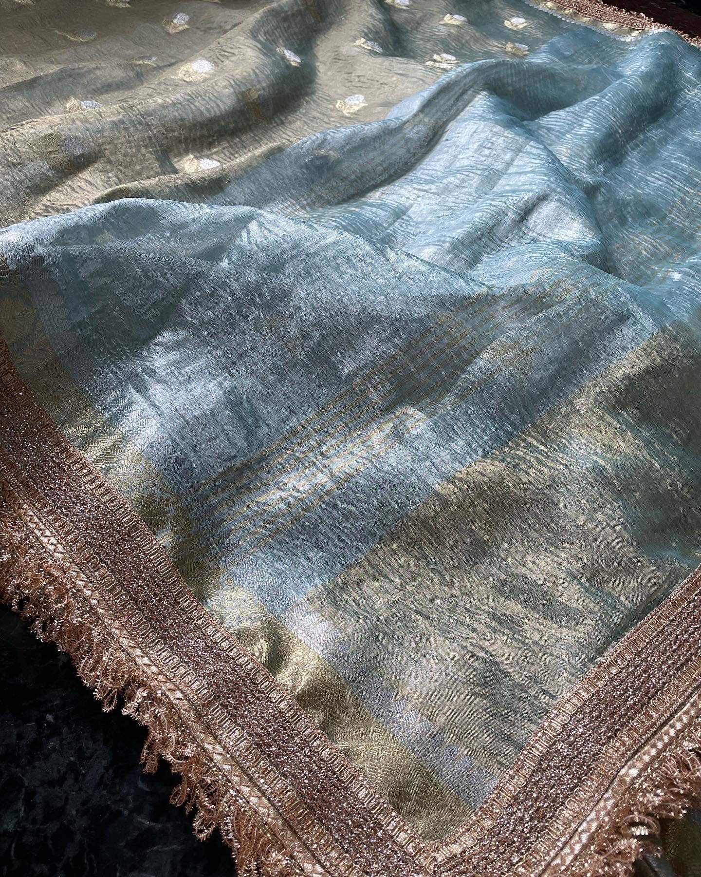 Pista Green Tissue Silk Saree with Embellished Border