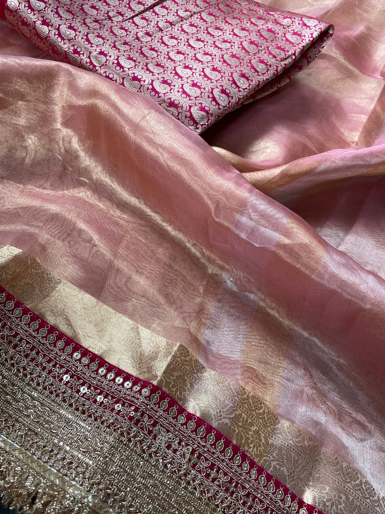 Pink Pure Tissue Silk Banarasi Saree with Embellished Border