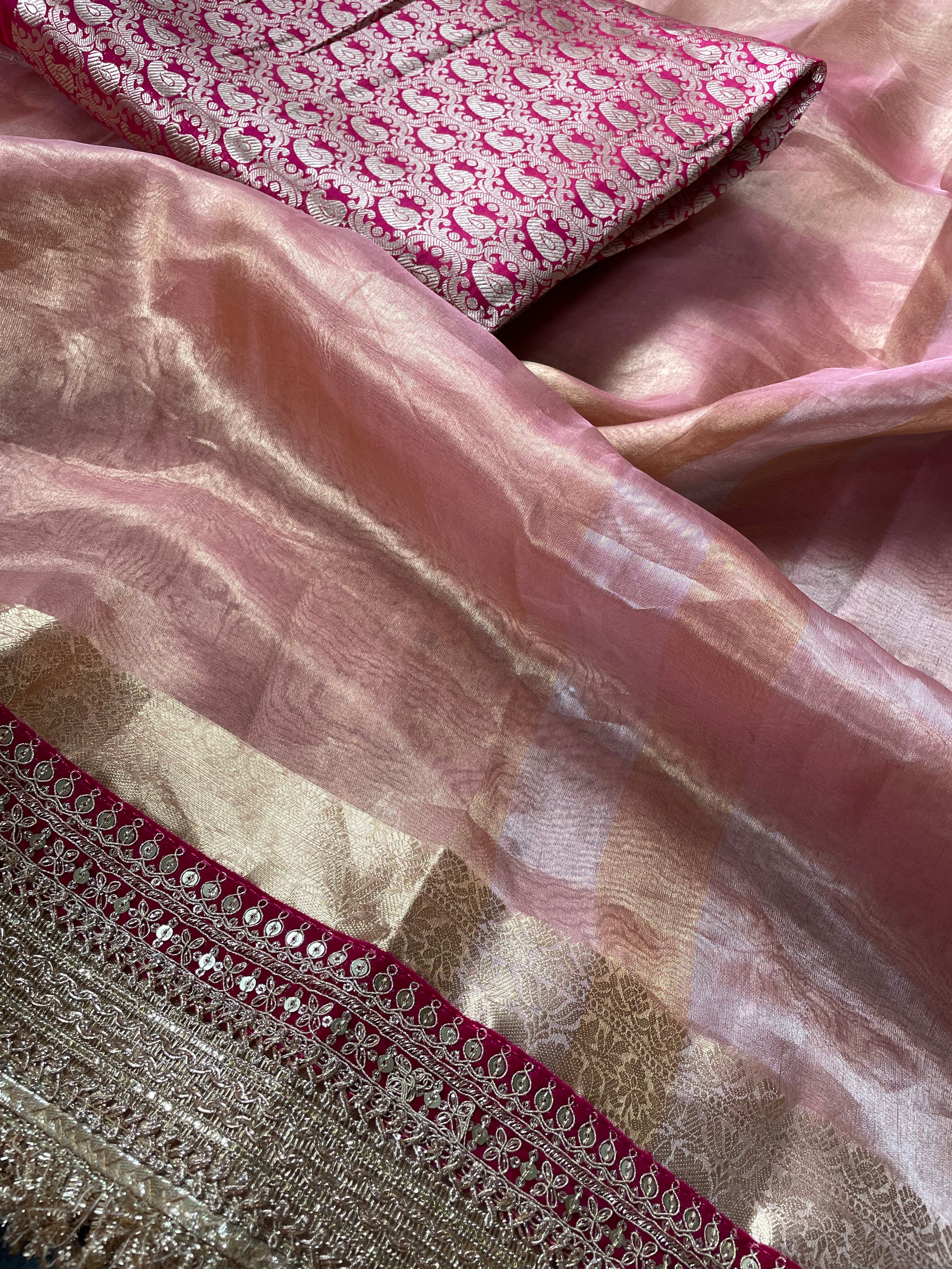 Pink Pure Tissue Silk Banarasi Saree with Embellished Border