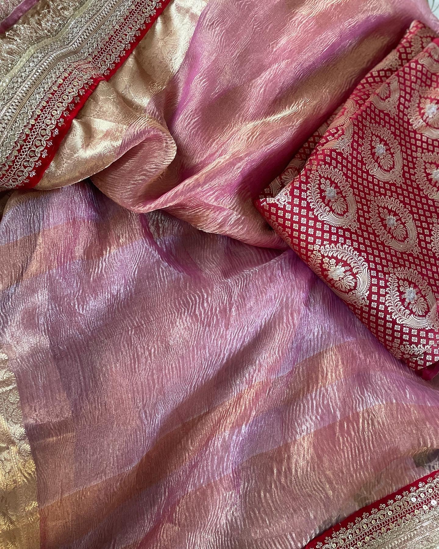 Pink Pure Crush Tissue Silk Banarasi Saree with Embellished Border