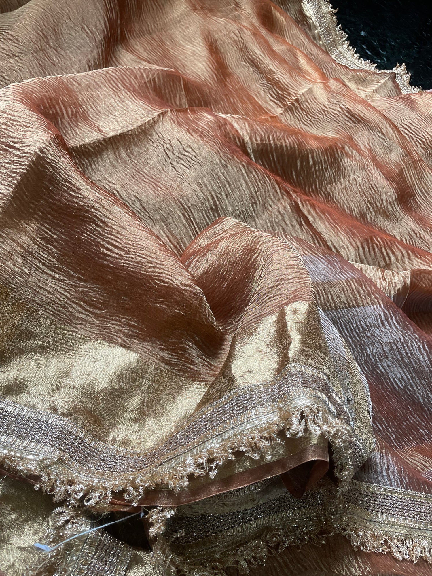 Copper Gold Pure Crush Tissue Silk Banarasi Saree with Embellished Border