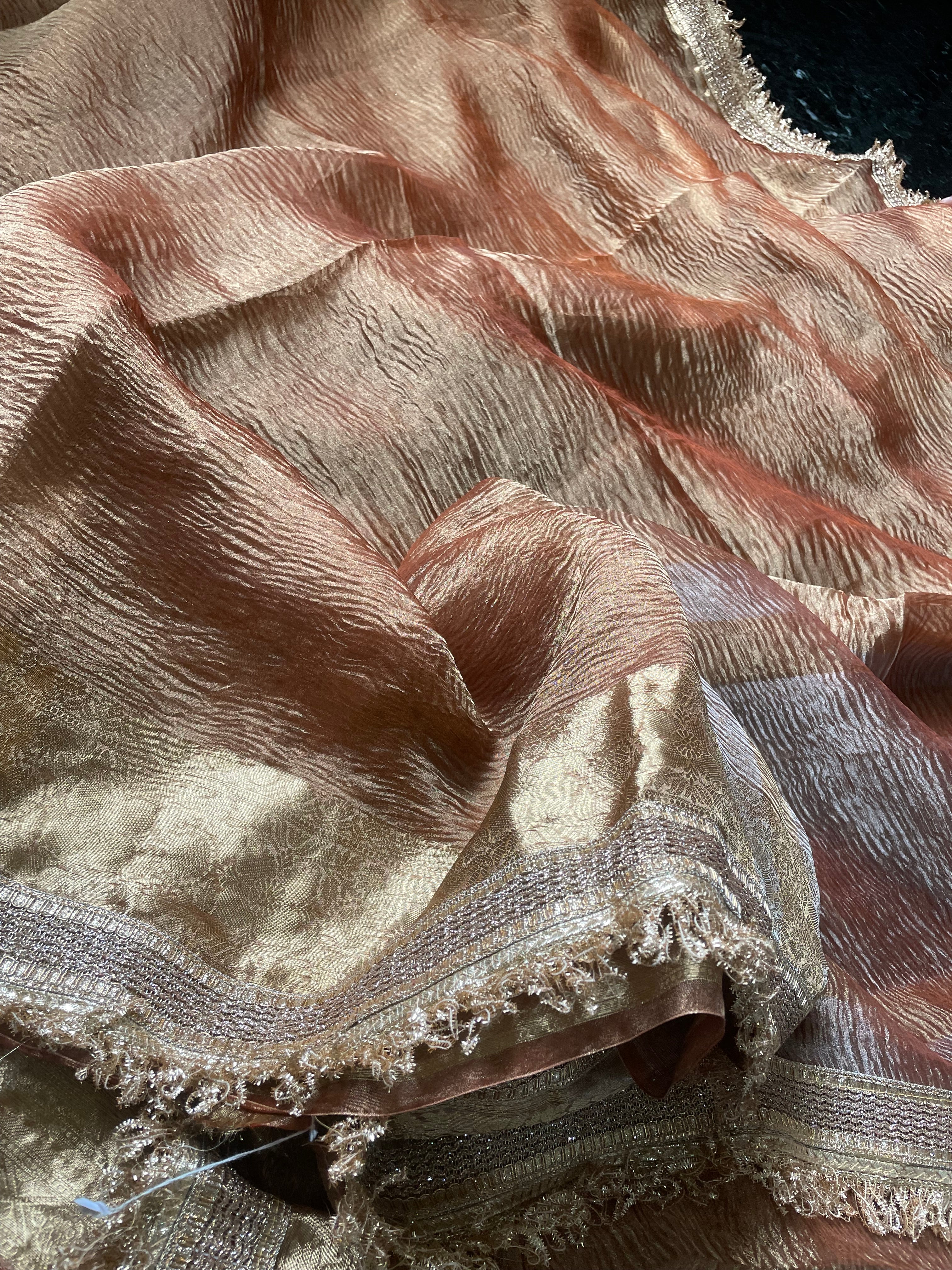 Copper Gold Pure Crush Tissue Silk Banarasi Saree with Embellished Border