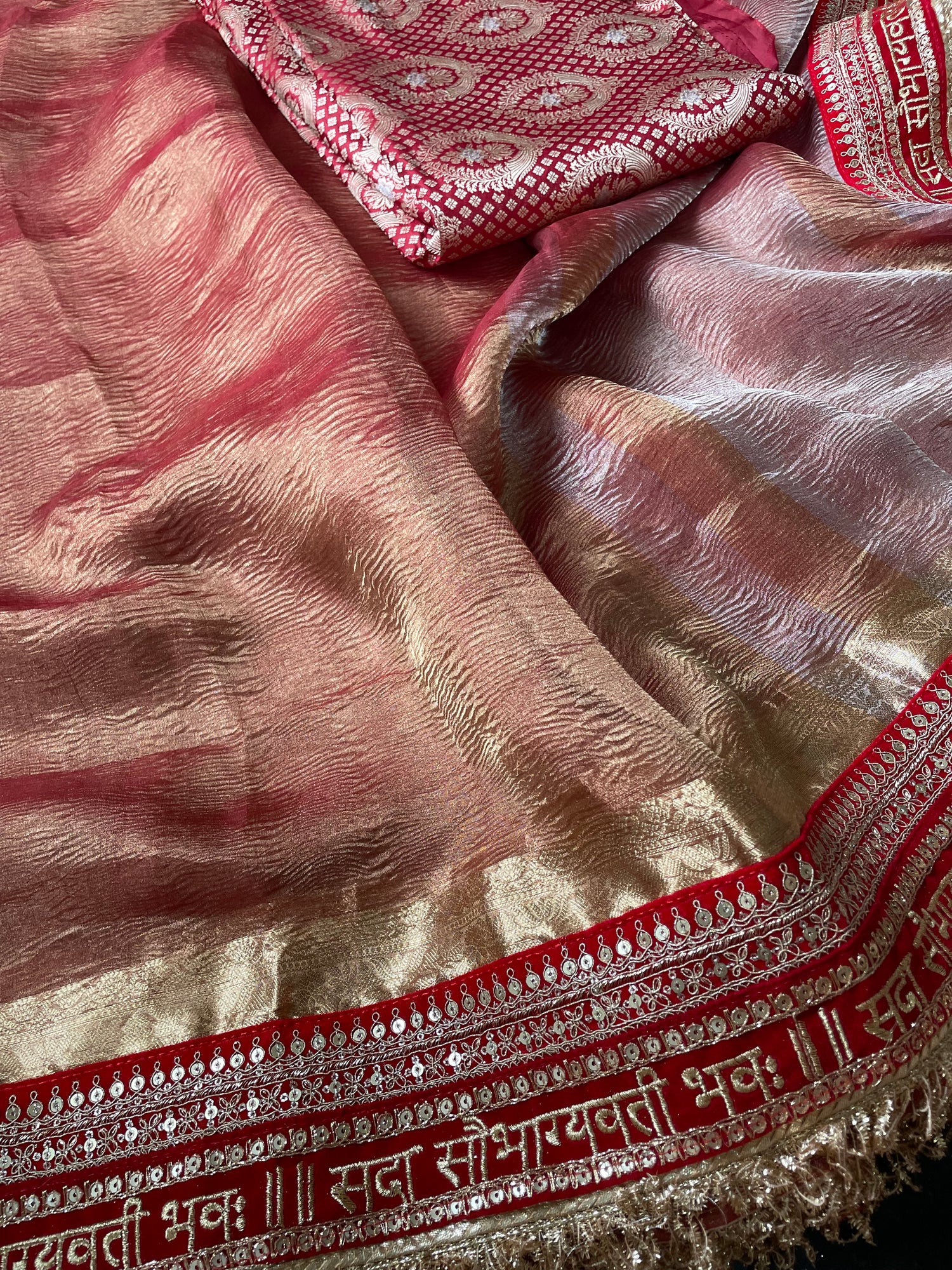 Red Pure Crush Tissue Silk Banarasi Saree with Embellished Border