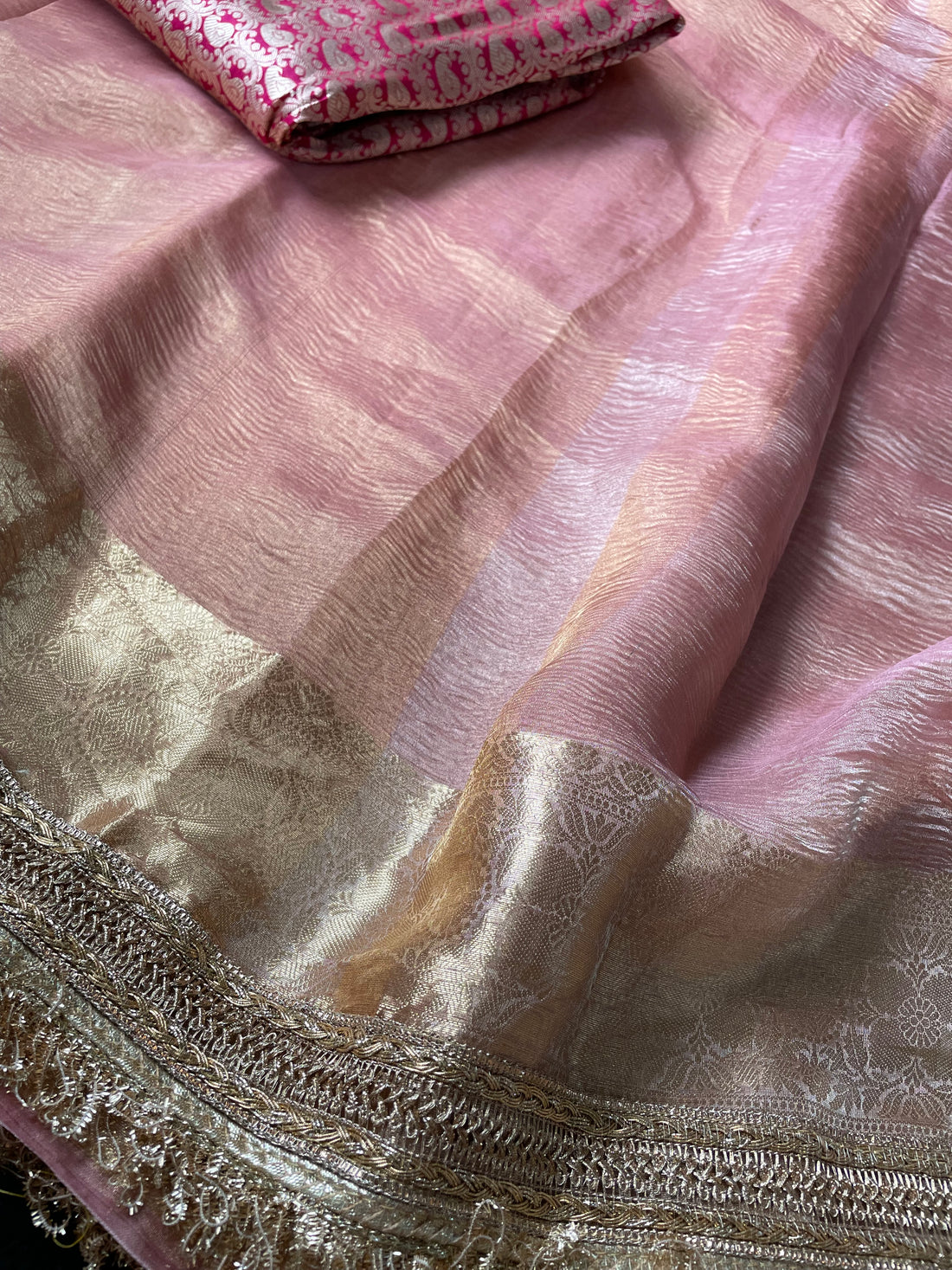 Pink Pure Crush Tissue Silk Banarasi Saree with Embellished Border