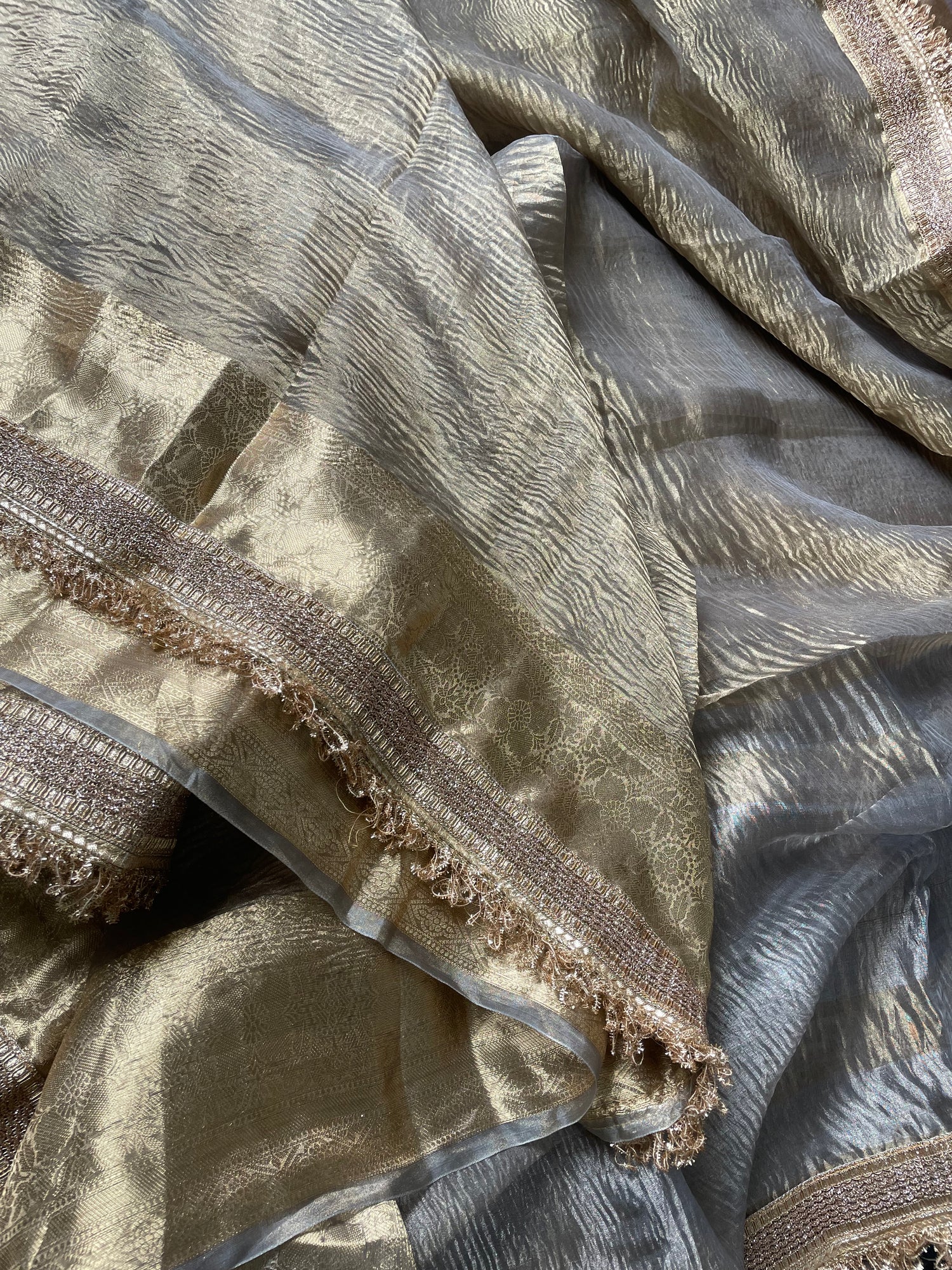 Grey Gold Pure Crush Tissue Silk Banarasi Saree with Embellished Border