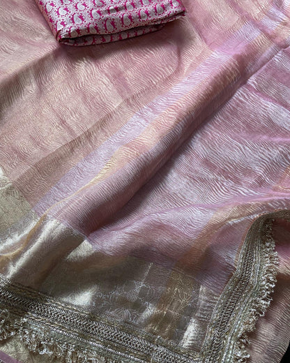 Pink Pure Crush Tissue Silk Banarasi Saree with Embellished Border