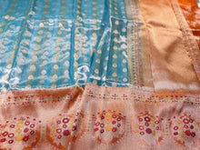 Load image into Gallery viewer, Blue Pure Tissue Kora Saree With Contrast Border with Meenakari
