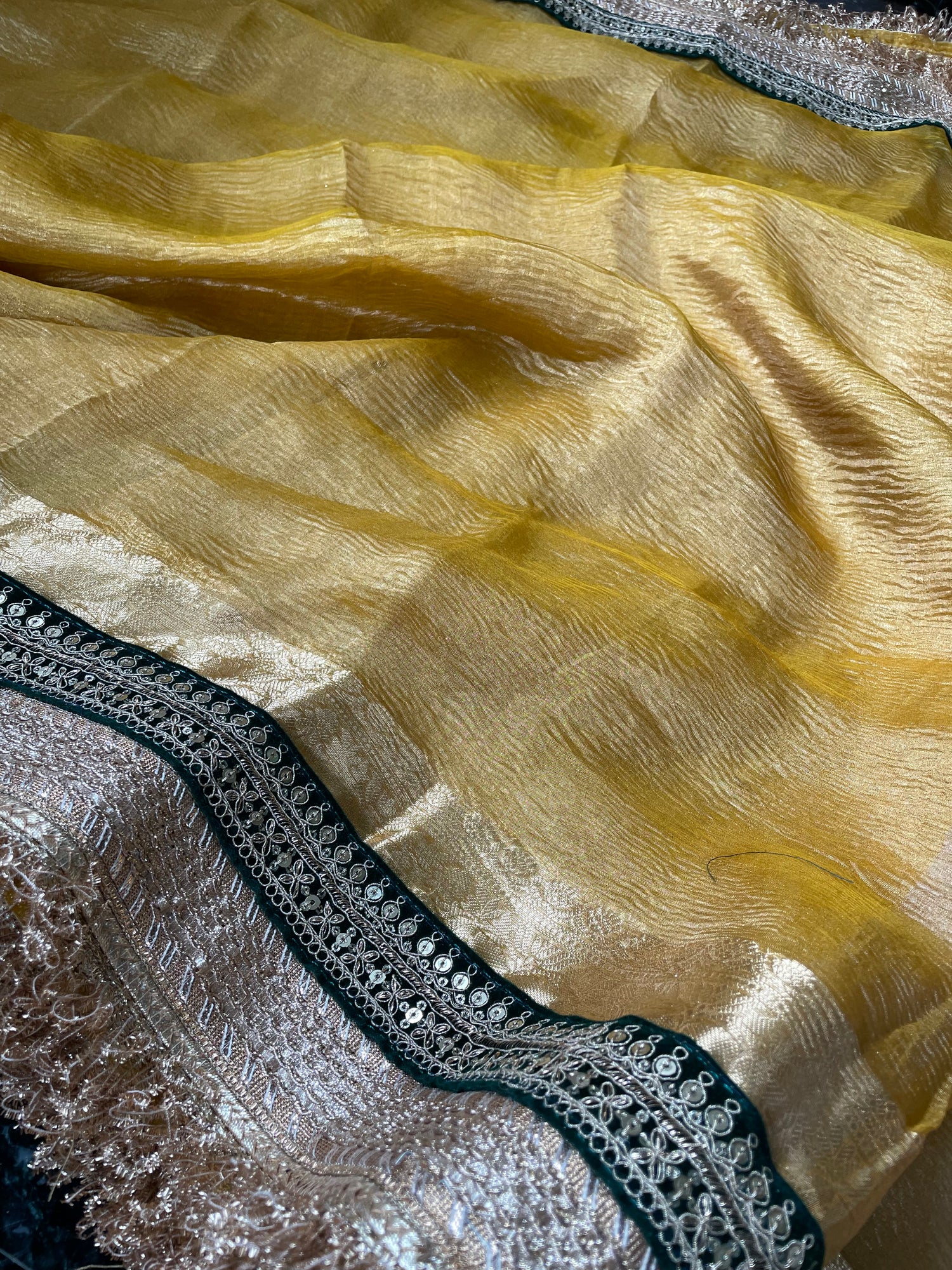 Yellow Gold Pure Crush Tissue Silk Banarasi Saree with Embellished Border