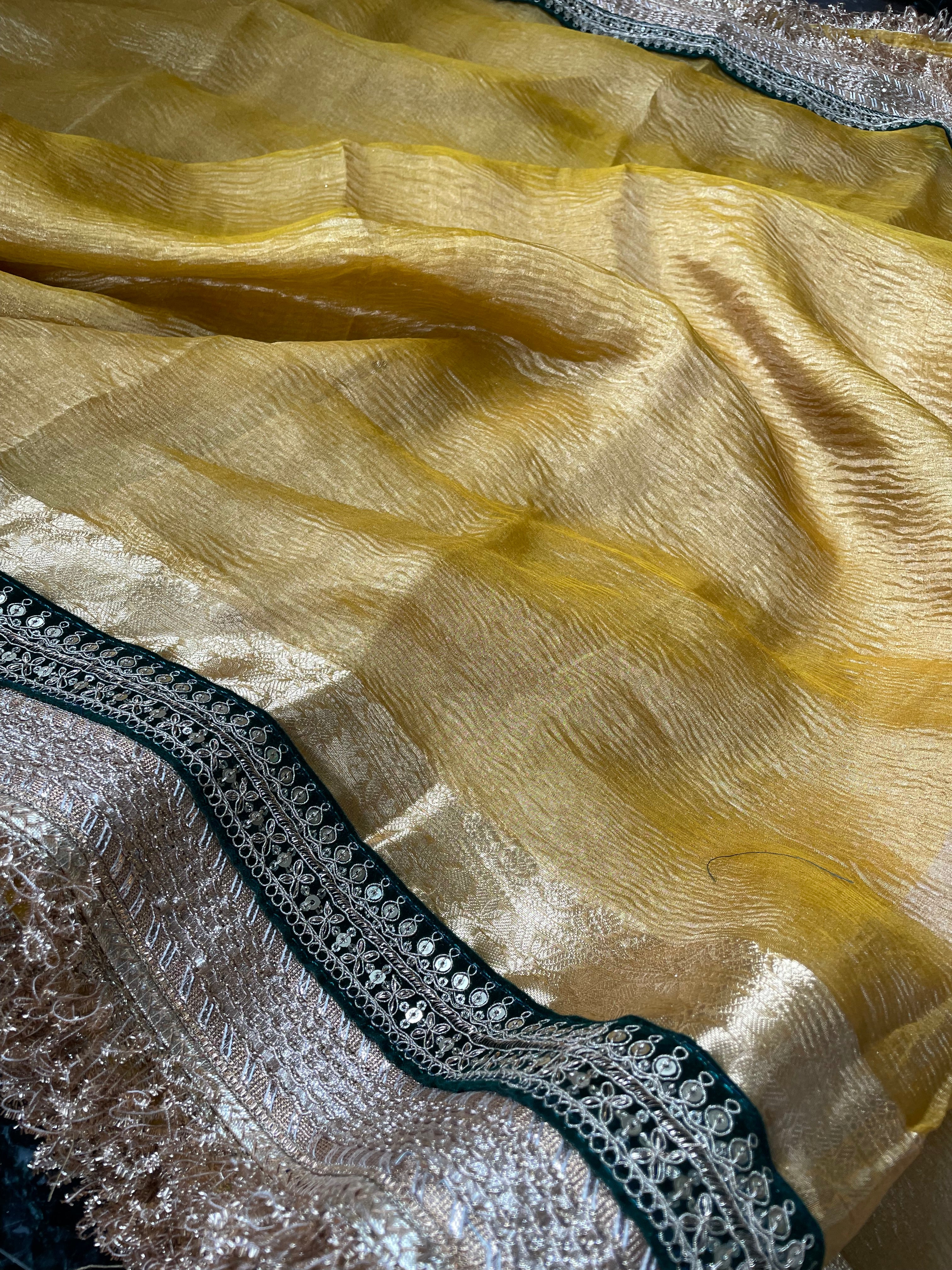 Yellow Gold Pure Crush Tissue Silk Banarasi Saree with Embellished Border