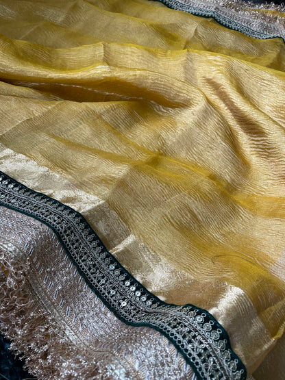 Yellow Gold Pure Crush Tissue Silk Banarasi Saree with Embellished Border