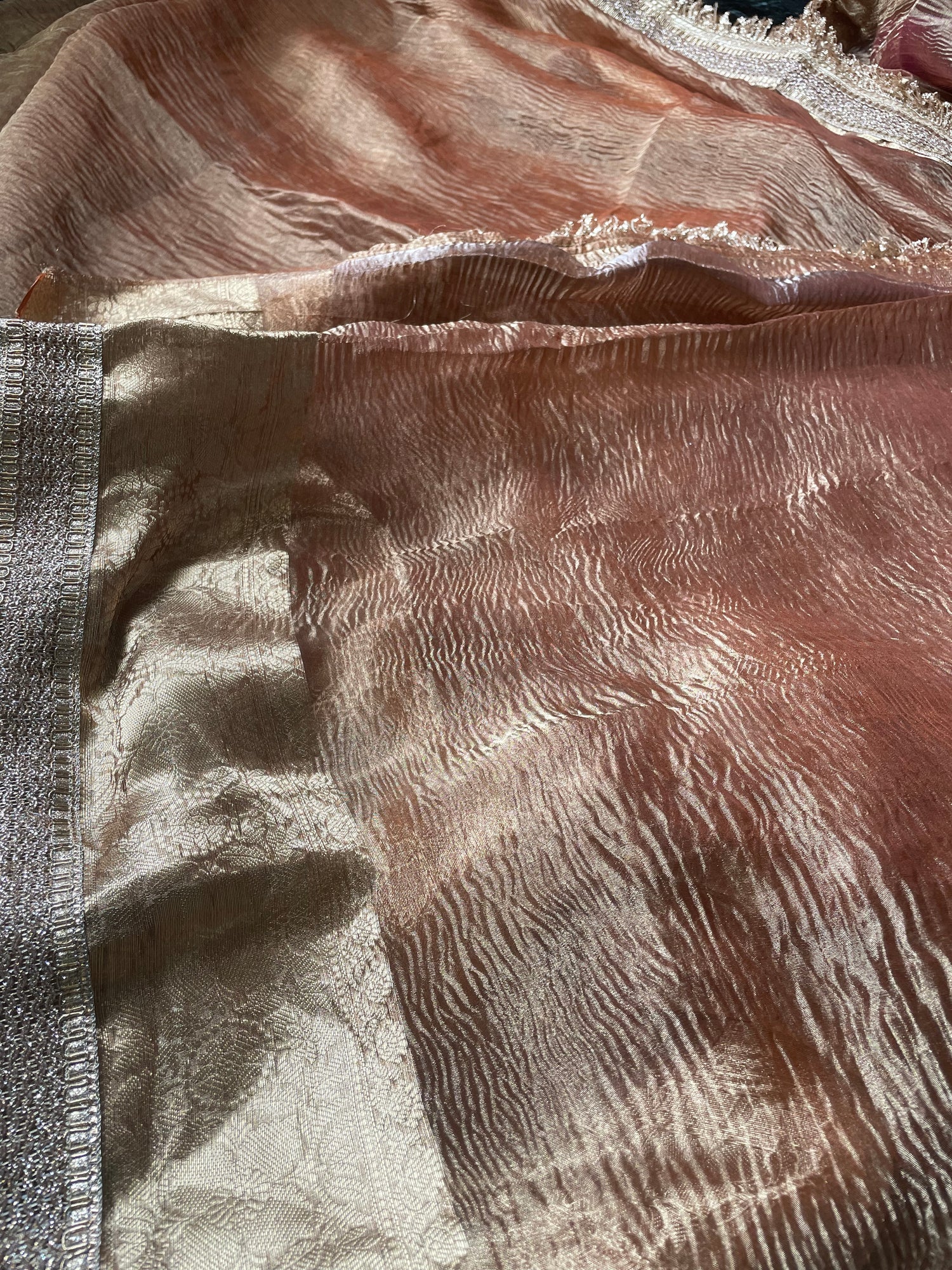 Copper Gold Pure Crush Tissue Silk Banarasi Saree with Embellished Border