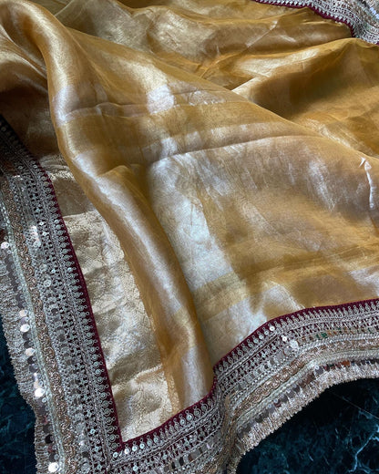 Yellow Gold Pure Tissue Silk Banarasi Saree with Embellished Border