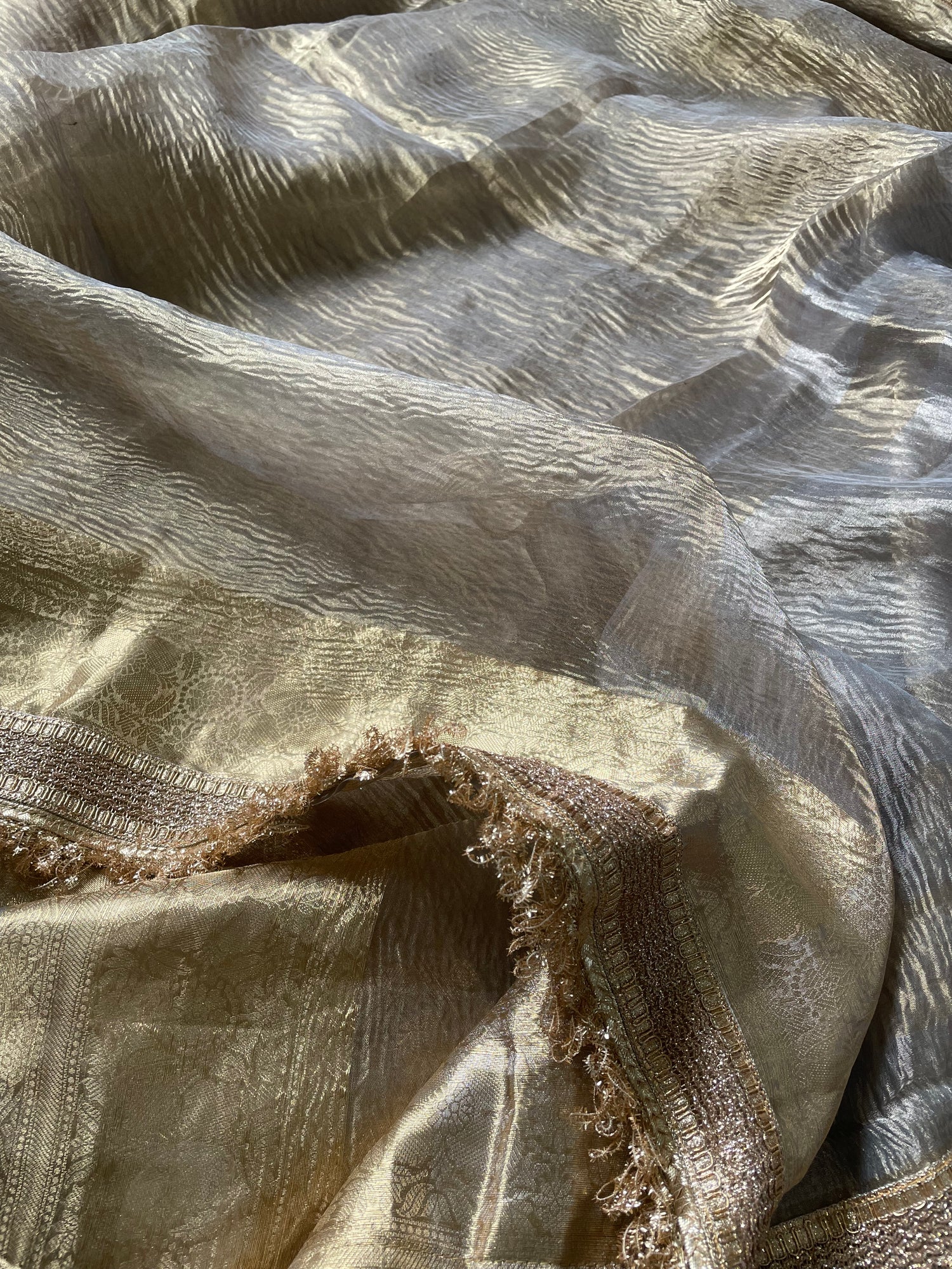 Grey Gold Pure Crush Tissue Silk Banarasi Saree with Embellished Border