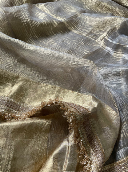 Grey Gold Pure Crush Tissue Silk Banarasi Saree with Embellished Border