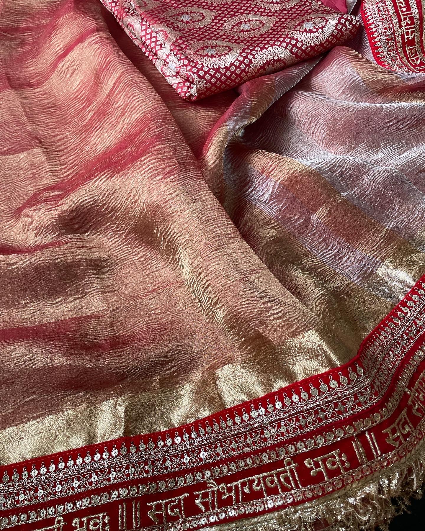 Red Pure Crush Tissue Silk Banarasi Saree with Embellished Border