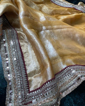 Load image into Gallery viewer, Yellow Gold Pure Tissue Silk Banarasi Saree with Embellished Border
