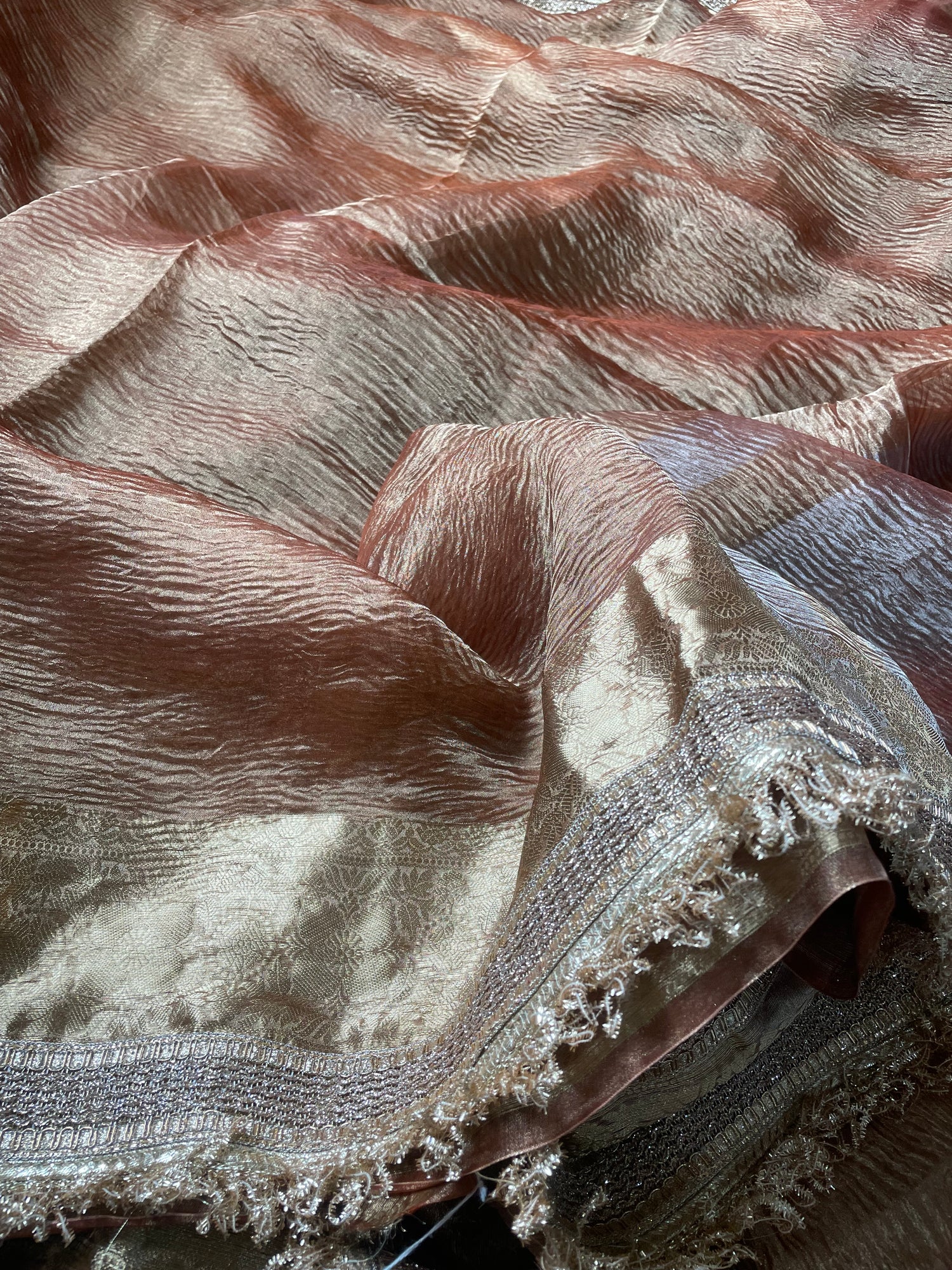 Copper Gold Pure Crush Tissue Silk Banarasi Saree with Embellished Border